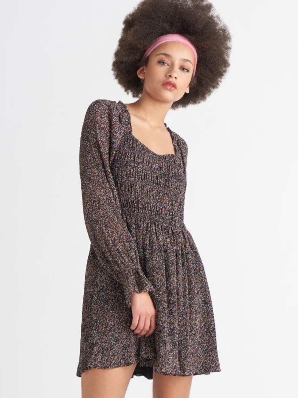 Dex Smocked Floral Long-Sleeve Plisse Mini Dress - Black Multi Size XL